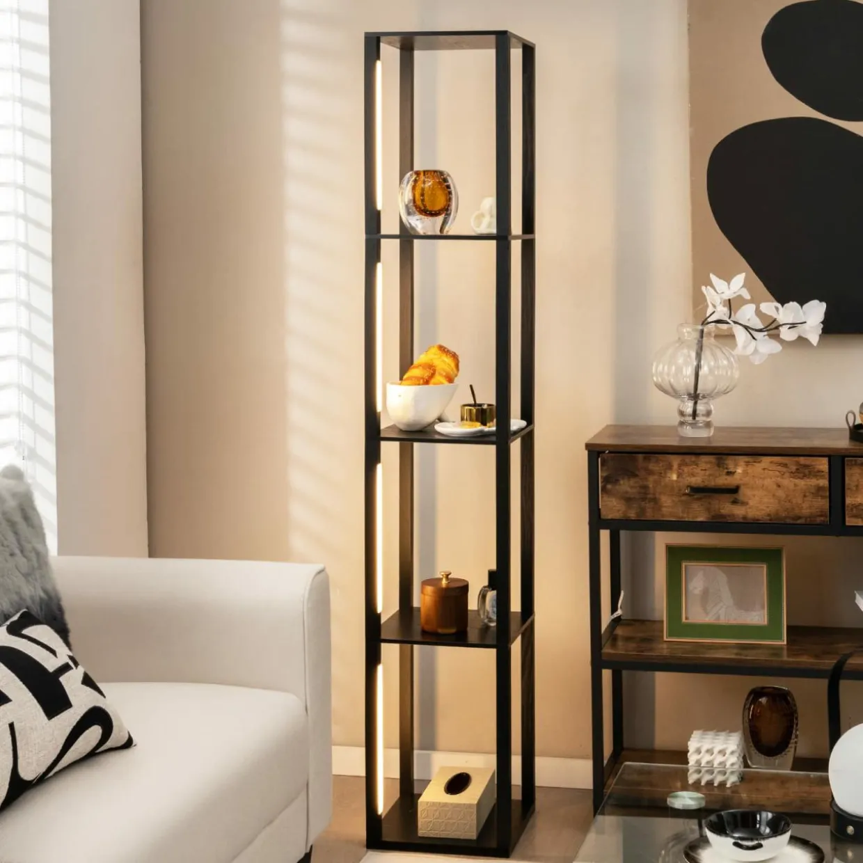Tangkula Floor Lamp with Shelves, 64 Inches Modern Shelf Floor Lamp with 3-Level Dimmable LED Bulbs and Rotatable LED Poles