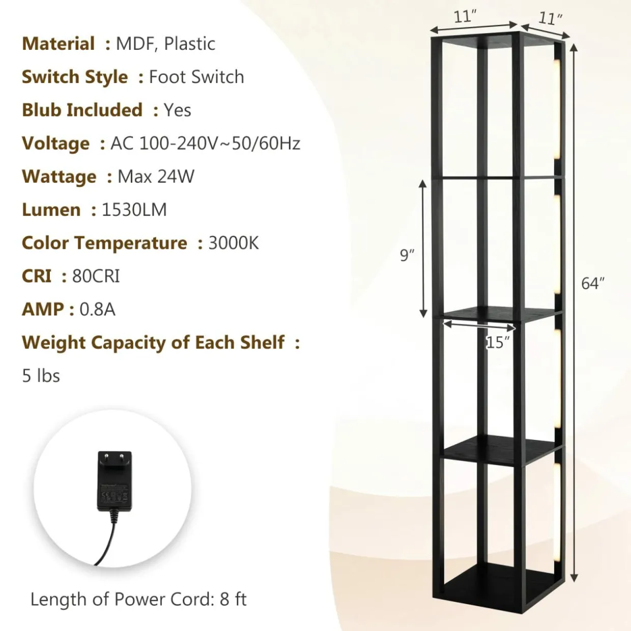 Tangkula Floor Lamp with Shelves, 64 Inches Modern Shelf Floor Lamp with 3-Level Dimmable LED Bulbs and Rotatable LED Poles