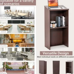 Tangkula Floor Standing Podium, Wooden Speaking Lectern with Adjustable Shelf