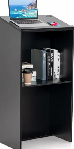 Tangkula Floor Standing Podium, Wooden Speaking Lectern with Adjustable Shelf