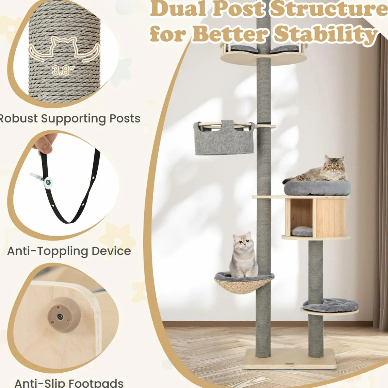 Tangkula Floor to Ceiling Cat Tree, 5 Tier Tall Cat Tower with Adjustable Height (100-110 Inch) for Large Cats