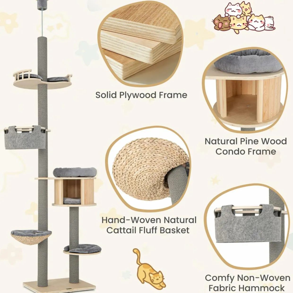 Tangkula Floor to Ceiling Cat Tree, 5 Tier Tall Cat Tower with Adjustable Height (100-110 Inch) for Large Cats