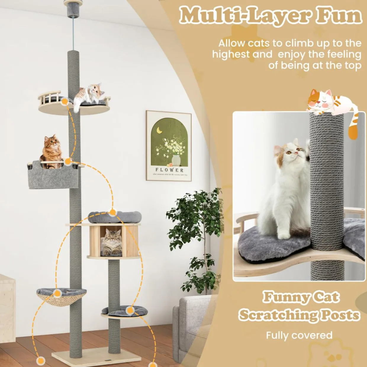 Tangkula Floor to Ceiling Cat Tree, 5 Tier Tall Cat Tower with Adjustable Height (100-110 Inch) for Large Cats