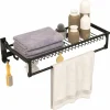 Tangkula Foldable Bathroom Shelf, Wall Mounted Bathroom Shelf Rack w/Adjustable Bar & Movable Hooks