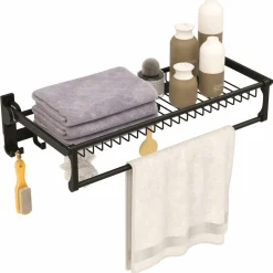 Tangkula Foldable Bathroom Shelf, Wall Mounted Bathroom Shelf Rack w/Adjustable Bar & Movable Hooks