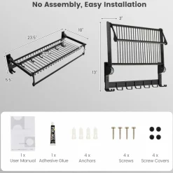 Tangkula Foldable Bathroom Shelf, Wall Mounted Bathroom Shelf Rack w/Adjustable Bar & Movable Hooks
