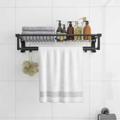 Tangkula Foldable Bathroom Shelf, Wall Mounted Bathroom Shelf Rack w/Adjustable Bar & Movable Hooks