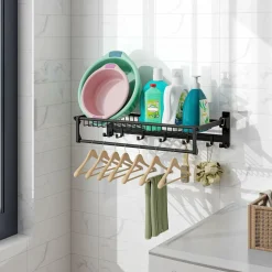 Tangkula Foldable Bathroom Shelf, Wall Mounted Bathroom Shelf Rack w/Adjustable Bar & Movable Hooks