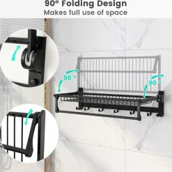Tangkula Foldable Bathroom Shelf, Wall Mounted Bathroom Shelf Rack w/Adjustable Bar & Movable Hooks