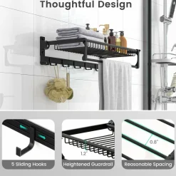 Tangkula Foldable Bathroom Shelf, Wall Mounted Bathroom Shelf Rack w/Adjustable Bar & Movable Hooks