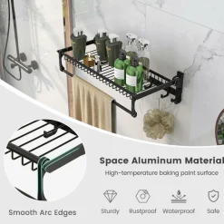 Tangkula Foldable Bathroom Shelf, Wall Mounted Bathroom Shelf Rack w/Adjustable Bar & Movable Hooks