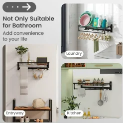 Tangkula Foldable Bathroom Shelf, Wall Mounted Bathroom Shelf Rack w/Adjustable Bar & Movable Hooks