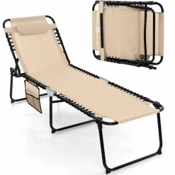 Tangkula Foldable Beach Lounge Chair for Outdoor, Reclining Chair with Removable Headrest