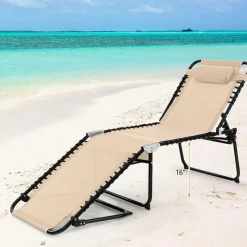 Tangkula Foldable Beach Lounge Chair for Outdoor, Reclining Chair with Removable Headrest