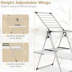 Tangkula Foldable Clothes Drying Rack, 2-Tier Laundry Drying Rack w/Tall Hanging Bar