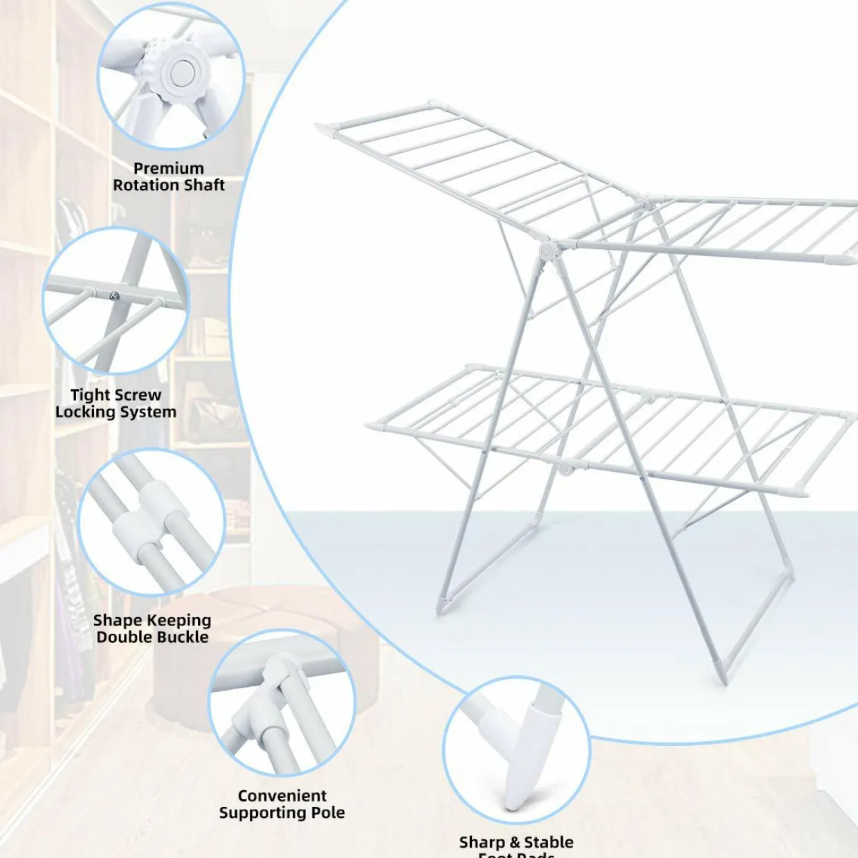 Tangkula Foldable Clothes Drying Rack, Garment Drying Hanger with Adjustable Gullwing
