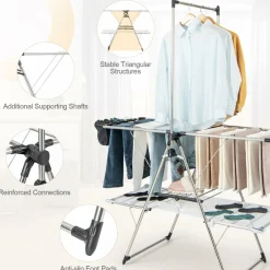 Tangkula Foldable Clothes Drying Rack, 2-Tier Laundry Drying Rack w/Tall Hanging Bar