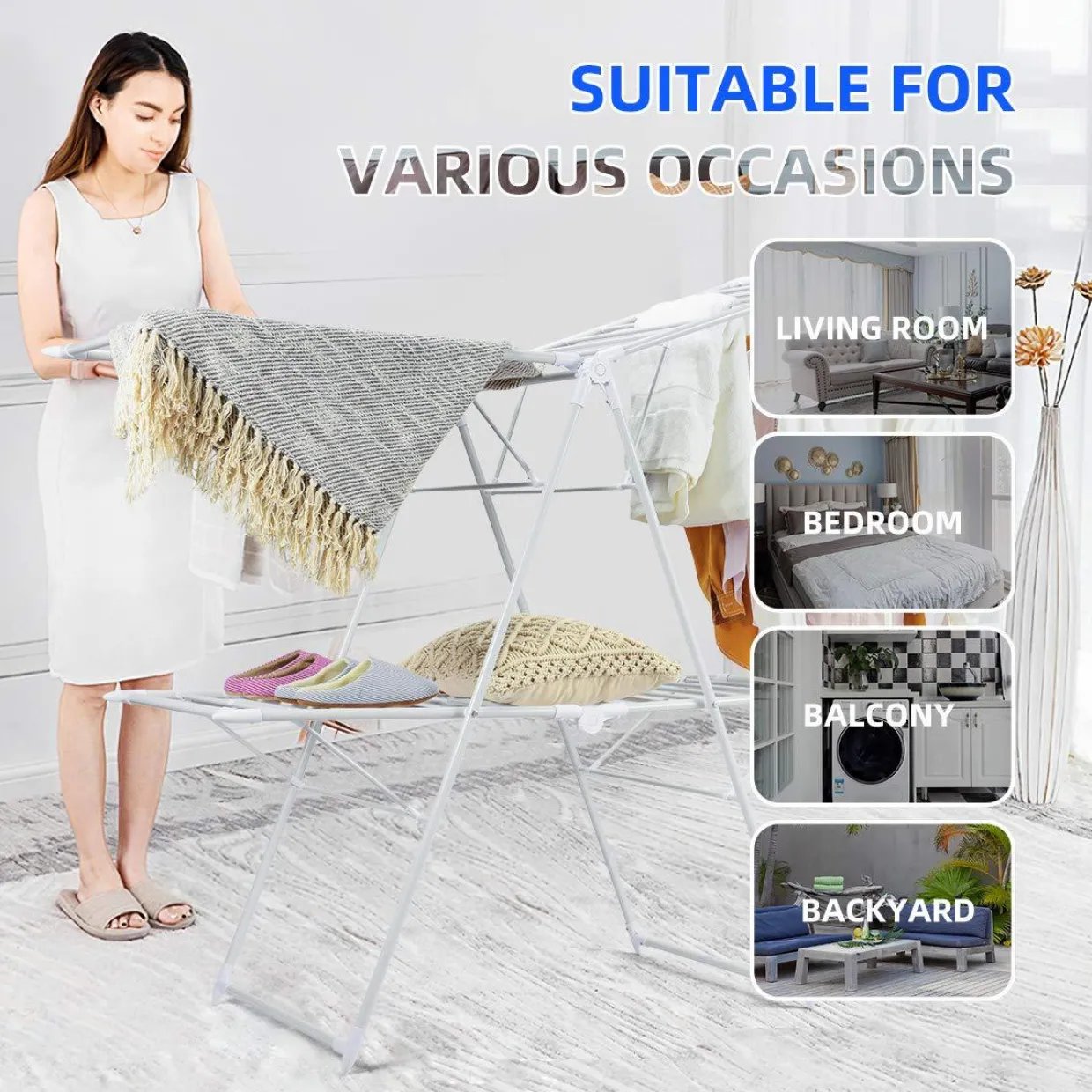 Tangkula Foldable Clothes Drying Rack, Garment Drying Hanger with Adjustable Gullwing