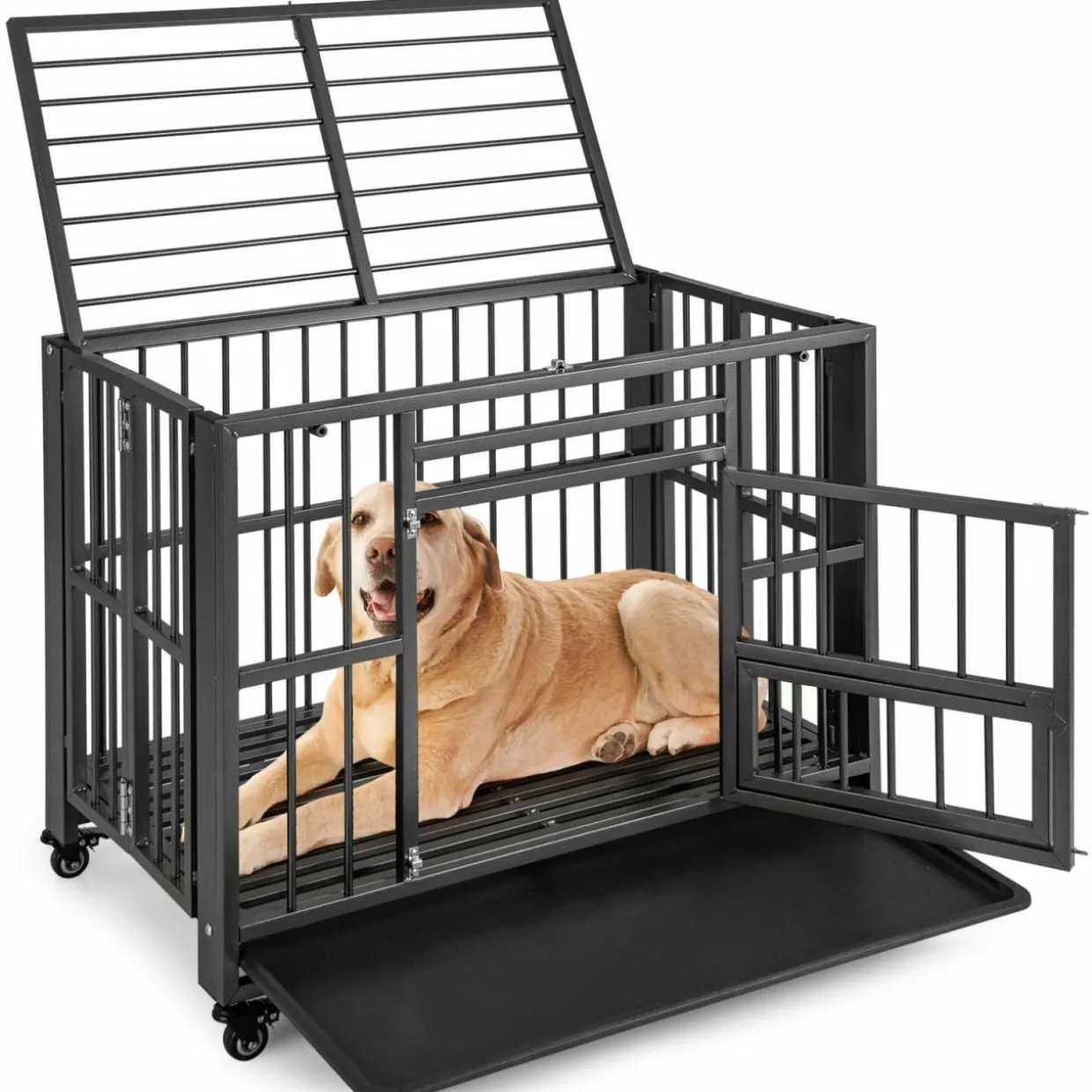 Tangkula Foldable Dog Crate, 3-Door Heavy Duty Dog Kennel with Removable Crate Tray