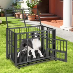 Tangkula Foldable Dog Crate, 3-Door Heavy Duty Dog Kennel with Removable Crate Tray