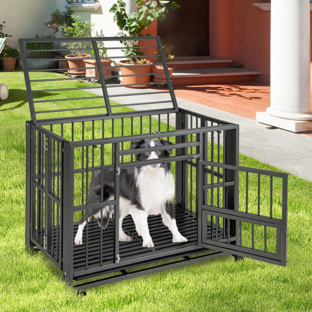 Tangkula Foldable Dog Crate, 3-Door Heavy Duty Dog Kennel with Removable Crate Tray