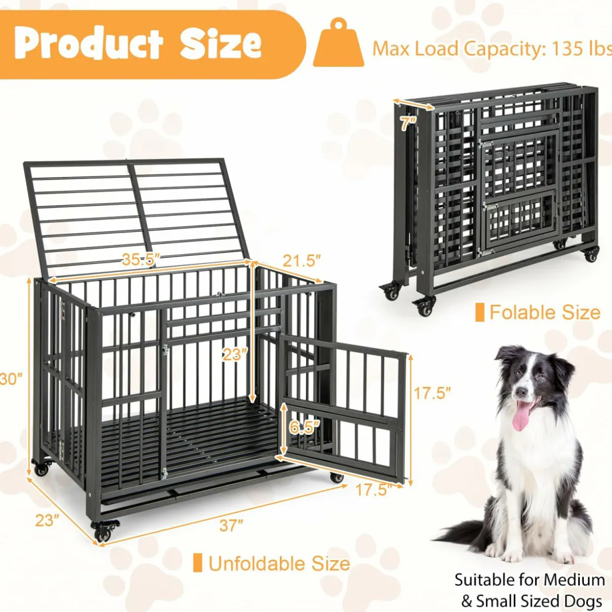 Tangkula Foldable Dog Crate, 3-Door Heavy Duty Dog Kennel with Removable Crate Tray
