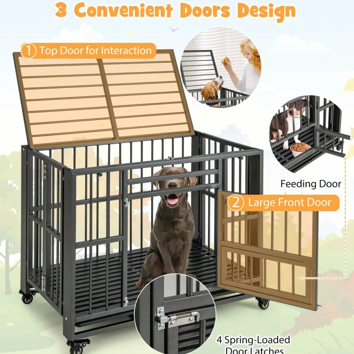 Tangkula Foldable Dog Crate, 3-Door Heavy Duty Dog Kennel with Removable Crate Tray