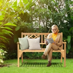 Tangkula Foldable Garden Acacia Wood Bench, Folding Patio Bench with Solid Hard Wood Structure,Locks, Wide Armrest & Backrest