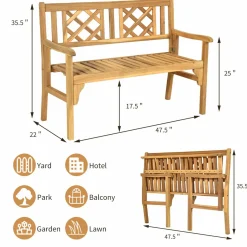 Tangkula Foldable Garden Acacia Wood Bench, Folding Patio Bench with Solid Hard Wood Structure,Locks, Wide Armrest & Backrest