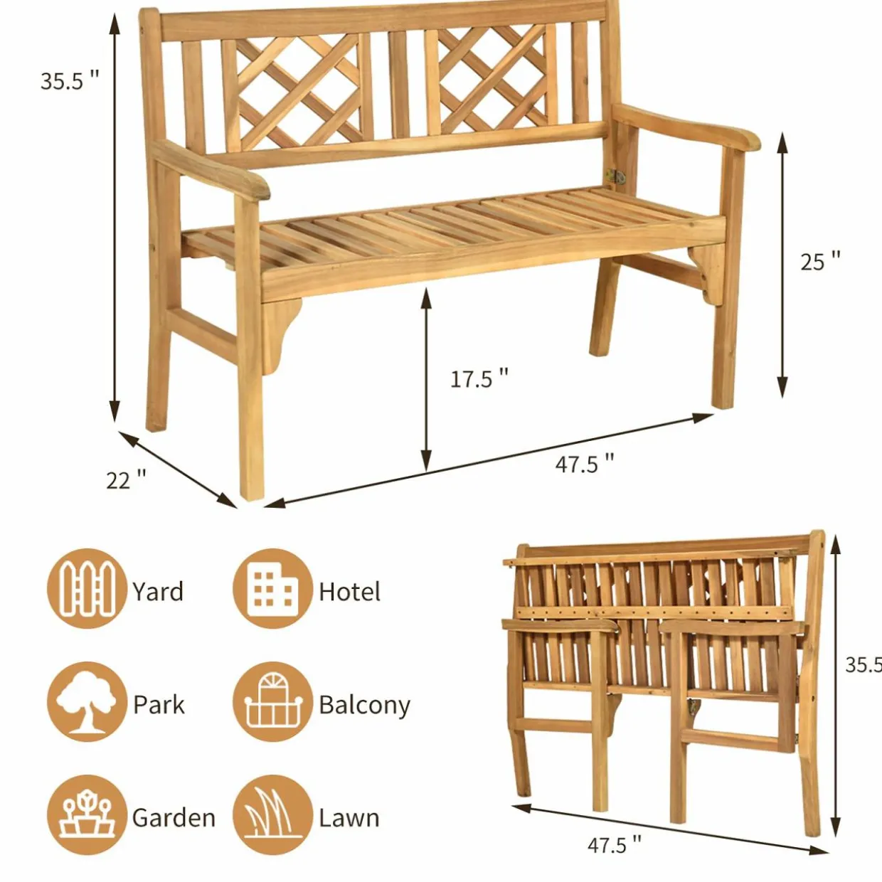 Tangkula Foldable Garden Acacia Wood Bench, Folding Patio Bench with Solid Hard Wood Structure,Locks, Wide Armrest & Backrest