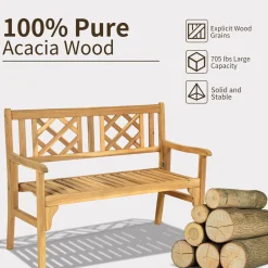 Tangkula Foldable Garden Acacia Wood Bench, Folding Patio Bench with Solid Hard Wood Structure,Locks, Wide Armrest & Backrest