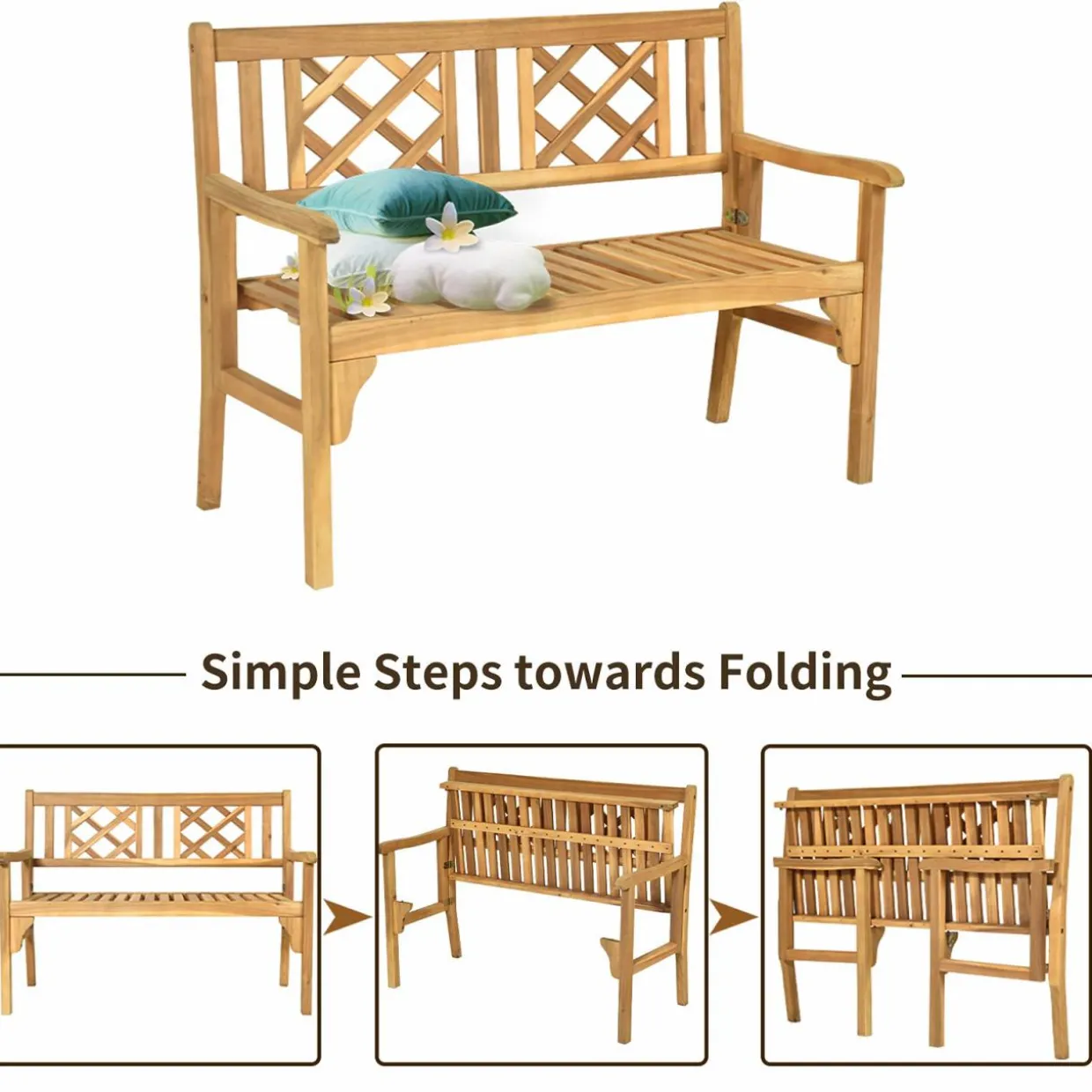 Tangkula Foldable Garden Acacia Wood Bench, Folding Patio Bench with Solid Hard Wood Structure,Locks, Wide Armrest & Backrest