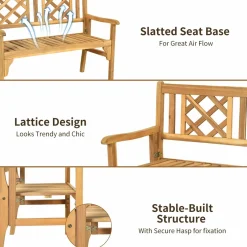 Tangkula Foldable Garden Acacia Wood Bench, Folding Patio Bench with Solid Hard Wood Structure,Locks, Wide Armrest & Backrest