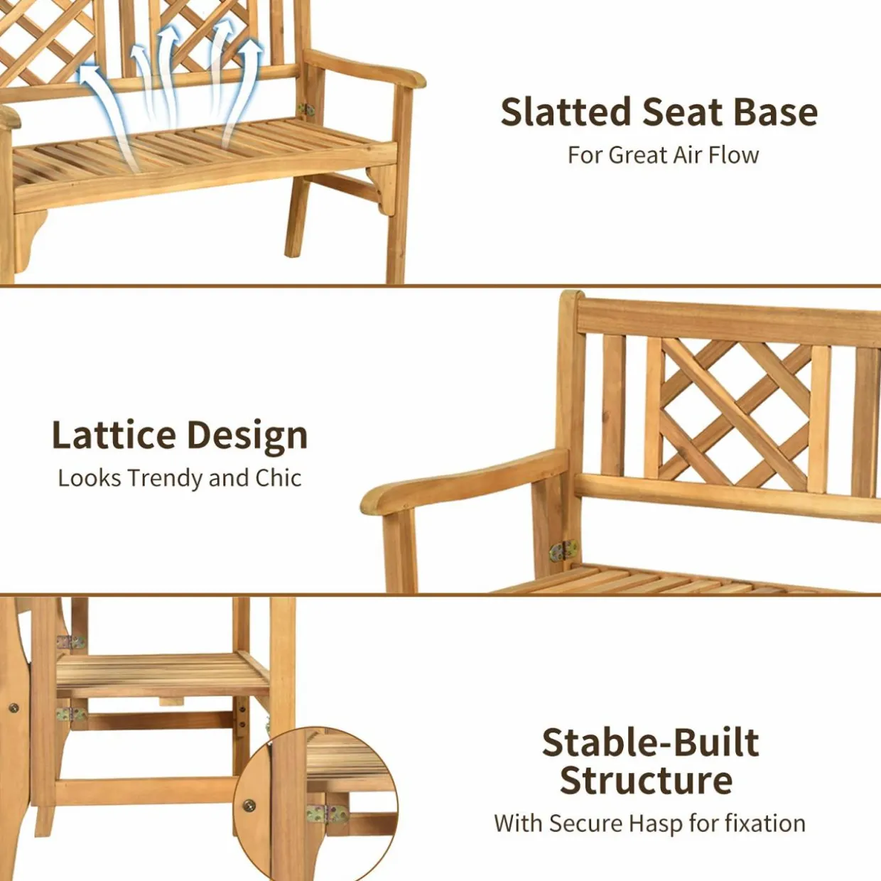 Tangkula Foldable Garden Acacia Wood Bench, Folding Patio Bench with Solid Hard Wood Structure,Locks, Wide Armrest & Backrest