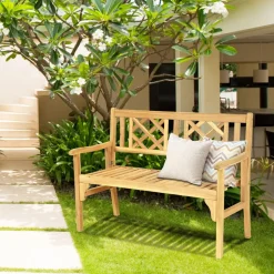 Tangkula Foldable Garden Acacia Wood Bench, Folding Patio Bench with Solid Hard Wood Structure,Locks, Wide Armrest & Backrest