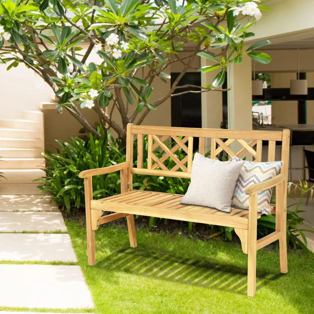 Tangkula Foldable Garden Acacia Wood Bench, Folding Patio Bench with Solid Hard Wood Structure,Locks, Wide Armrest & Backrest
