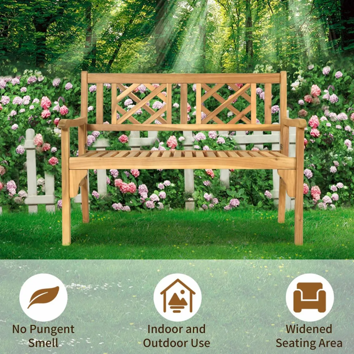 Tangkula Foldable Garden Acacia Wood Bench, Folding Patio Bench with Solid Hard Wood Structure,Locks, Wide Armrest & Backrest