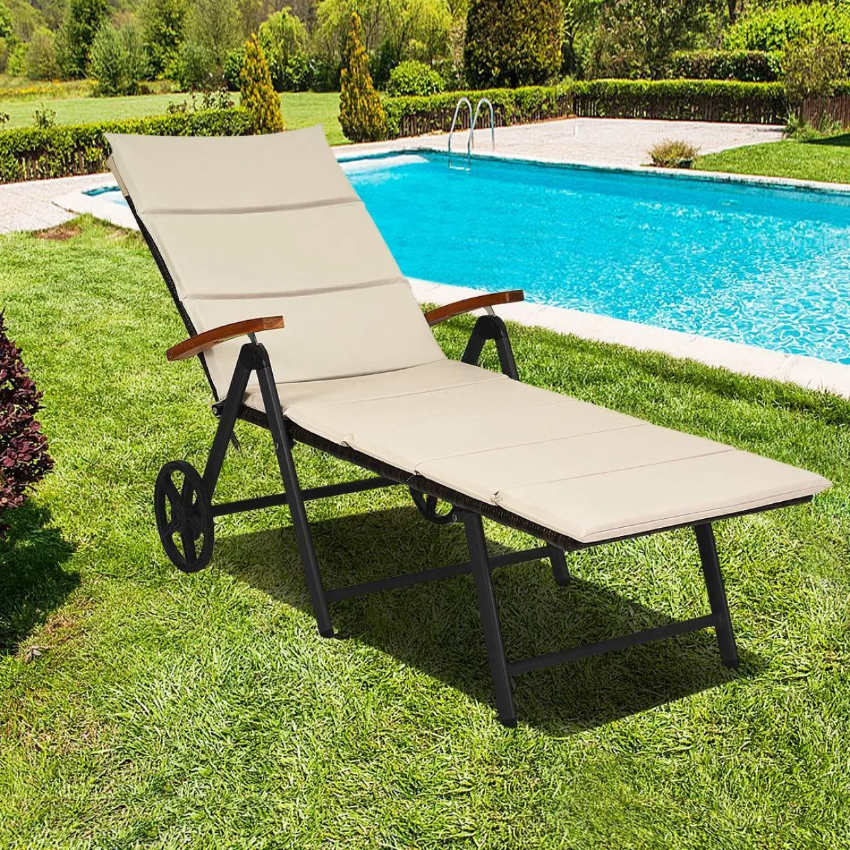 Tangkula Foldable Outdoor Chaise Lounger, Wicker Lounger Chair with Aluminum Black Frame, Wheels for Easy Moving
