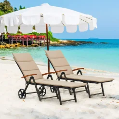 Tangkula Foldable Outdoor Chaise, Wicker Lounger Chair with Aluminum Frame, with Wheels for Easy Moving