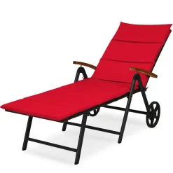 Tangkula Foldable Outdoor Chaise Lounger, Wicker Lounger Chair with Aluminum Black Frame, Wheels for Easy Moving