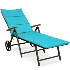 Tangkula Foldable Outdoor Chaise, Wicker Lounger Chair with Aluminum Frame, with Wheels for Easy Moving