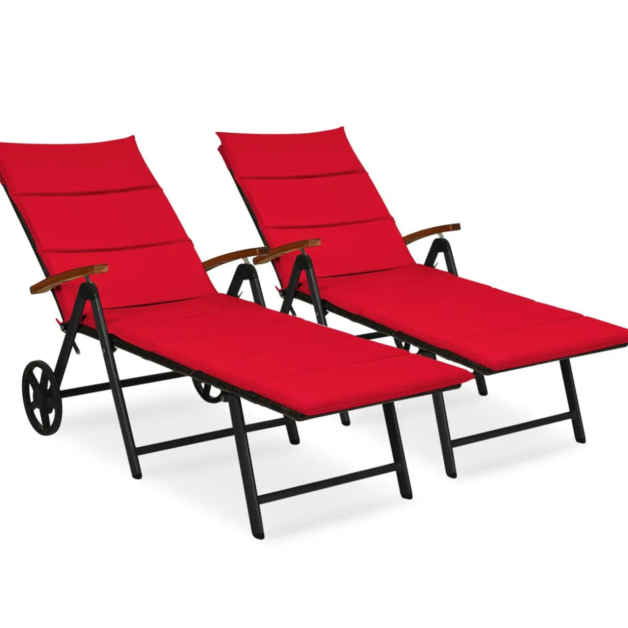 Tangkula Foldable Outdoor Chaise Lounger, Wicker Lounger Chair with Aluminum Black Frame, Wheels for Easy Moving