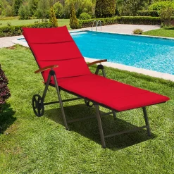Tangkula Foldable Outdoor Chaise, Wicker Lounger Chair with Aluminum Frame, with Wheels for Easy Moving