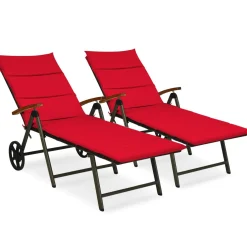 Tangkula Foldable Outdoor Chaise, Wicker Lounger Chair with Aluminum Frame, with Wheels for Easy Moving
