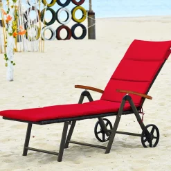 Tangkula Foldable Outdoor Chaise, Wicker Lounger Chair with Aluminum Frame, with Wheels for Easy Moving