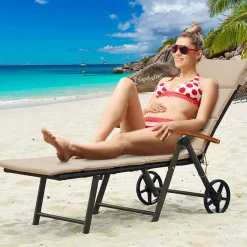Tangkula Foldable Outdoor Chaise, Wicker Lounger Chair with Aluminum Frame, with Wheels for Easy Moving