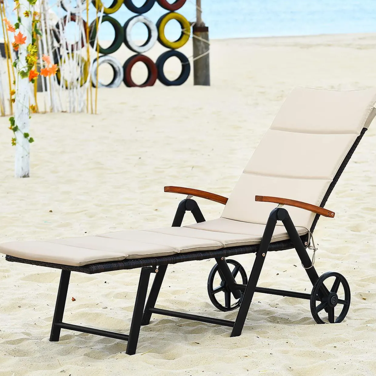 Tangkula Foldable Outdoor Chaise Lounger, Wicker Lounger Chair with Aluminum Black Frame, Wheels for Easy Moving