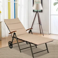 Tangkula Foldable Outdoor Chaise, Wicker Lounger Chair with Aluminum Frame, with Wheels for Easy Moving