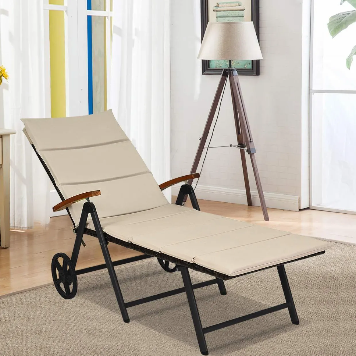 Tangkula Foldable Outdoor Chaise Lounger, Wicker Lounger Chair with Aluminum Black Frame, Wheels for Easy Moving