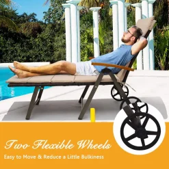 Tangkula Foldable Outdoor Chaise, Wicker Lounger Chair with Aluminum Frame, with Wheels for Easy Moving